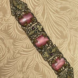 Antique Art Nouveau Brass Czech Grape Pink Glass Cabochon Bracelet Victorian